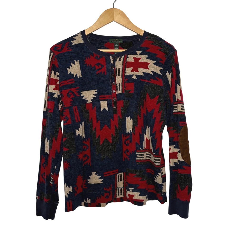 Lauren Ralph Lauren Henley Top Multicolor Aztec Southwestern Elbow Patches XL